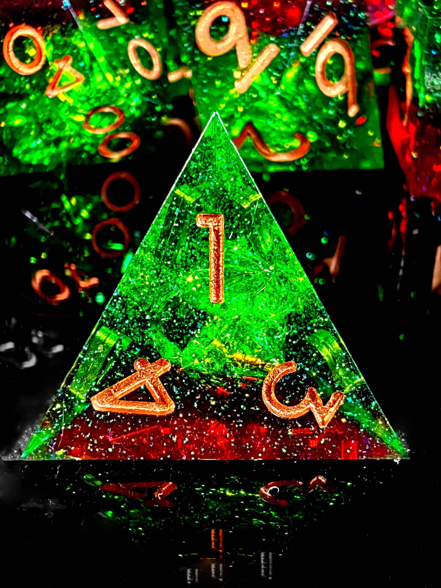 7 Piece Sharp Edge Resin Polyhedral Dice, Light Green with Bronze Numbers