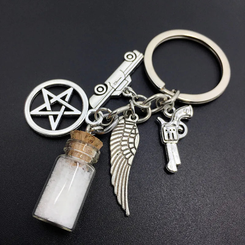 Supernatural Salt Bottle Gun Wings Pentagram Key Chain