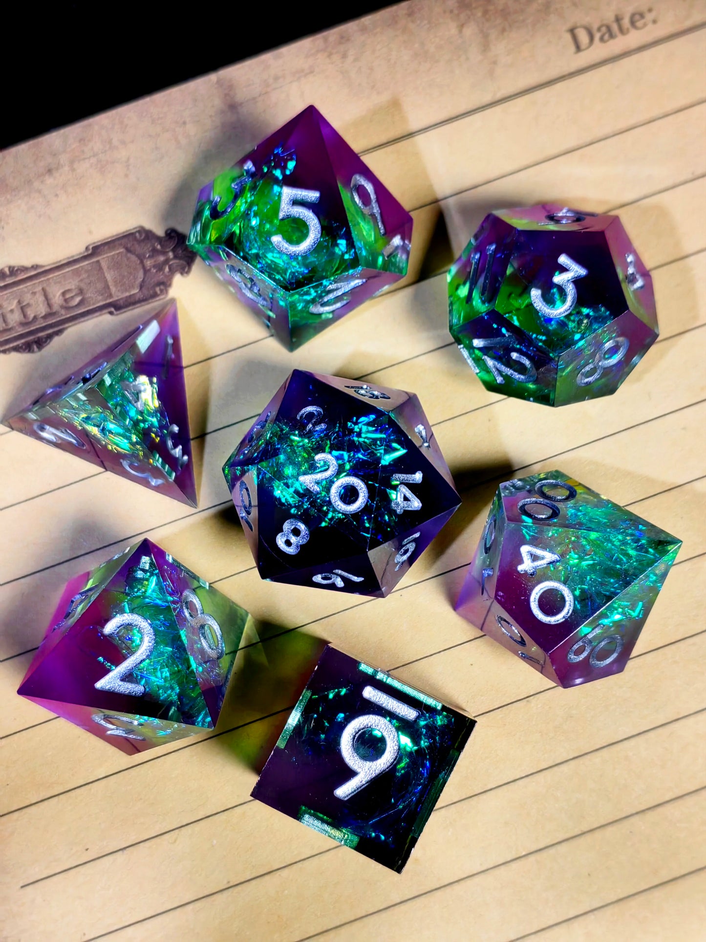7 Piece Sharp Edge Resin Polyhedral Dice, Light Green with Bronze Numbers