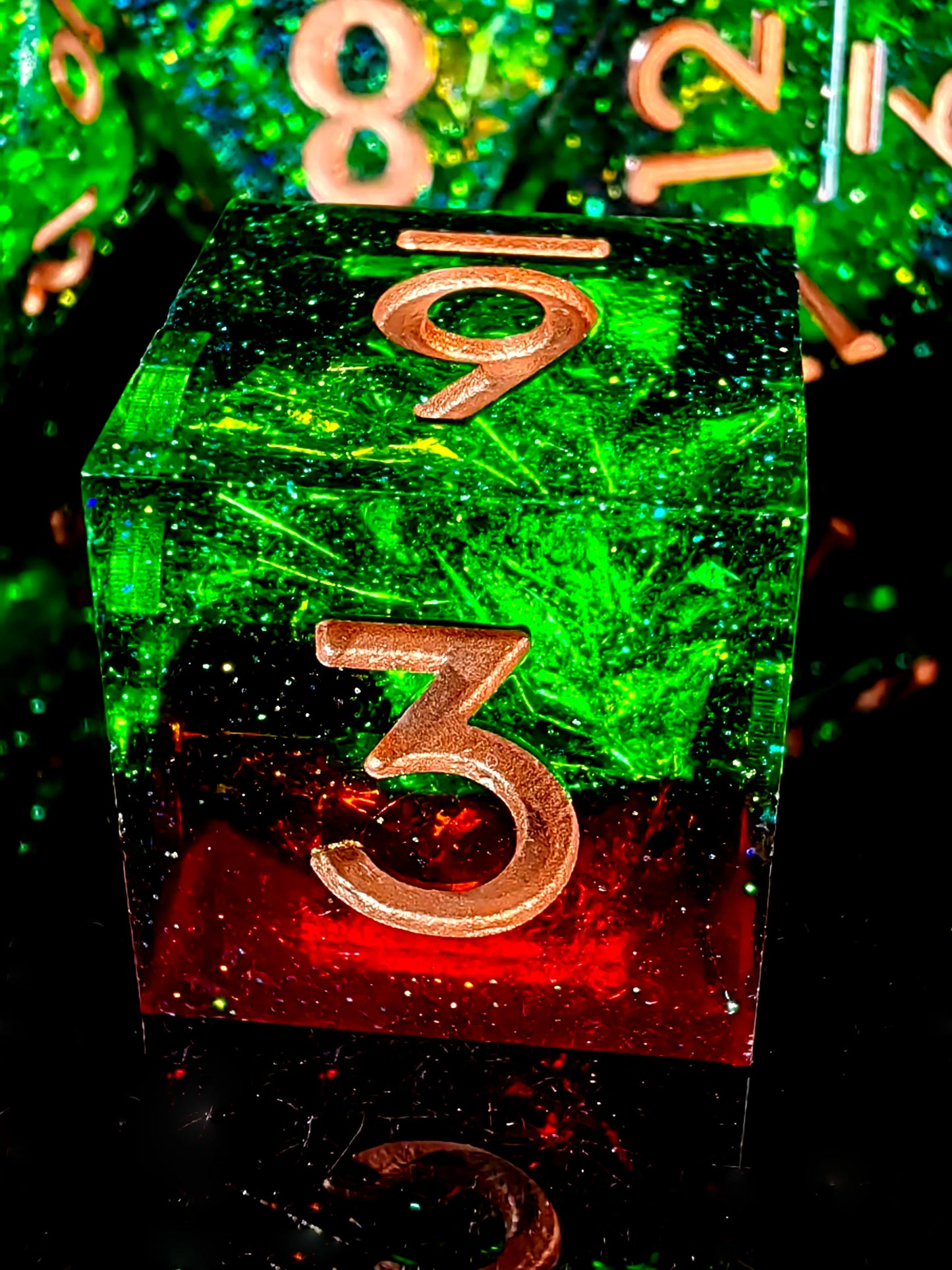 7 Piece Sharp Edge Resin Polyhedral Dice, Light Green with Bronze Numbers