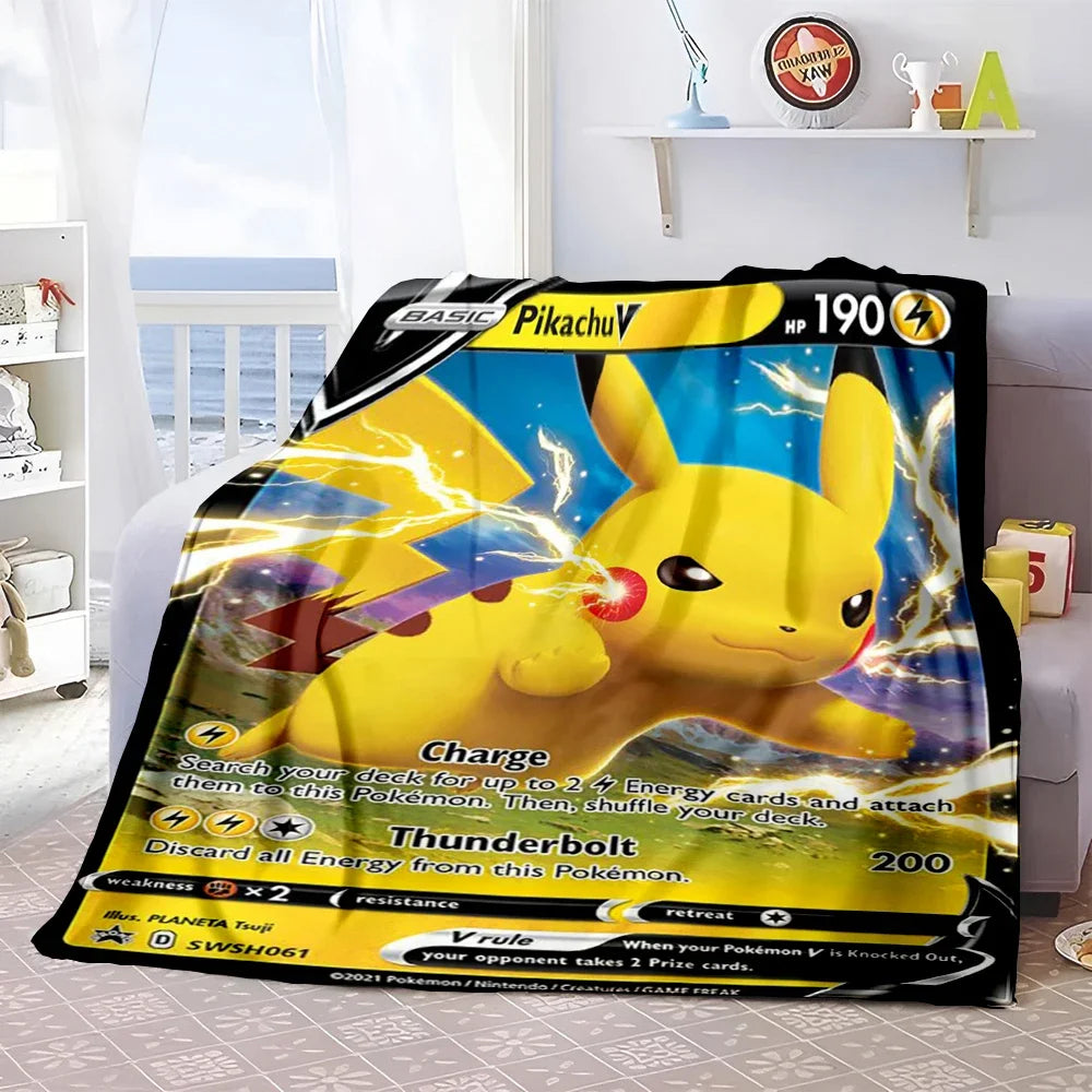 Pokémon Card Design Flannel Blanket – Charizard, Pikachu & More | Soft Warm Throw for Sofa, Bed, Travel & Gifts