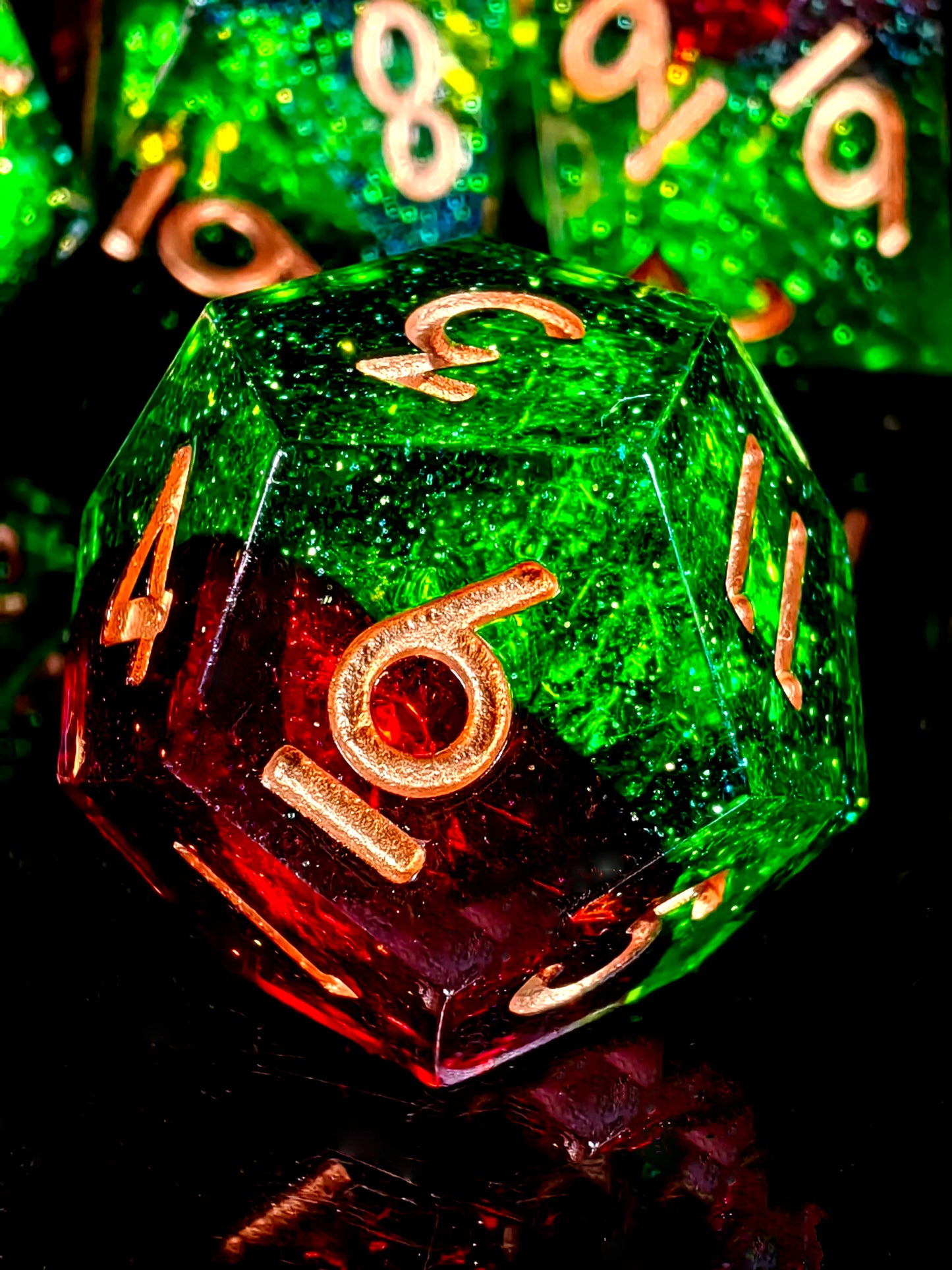 7 Piece Sharp Edge Resin Polyhedral Dice, Light Green with Bronze Numbers