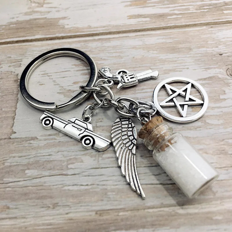 Supernatural Salt Bottle Gun Wings Pentagram Key Chain