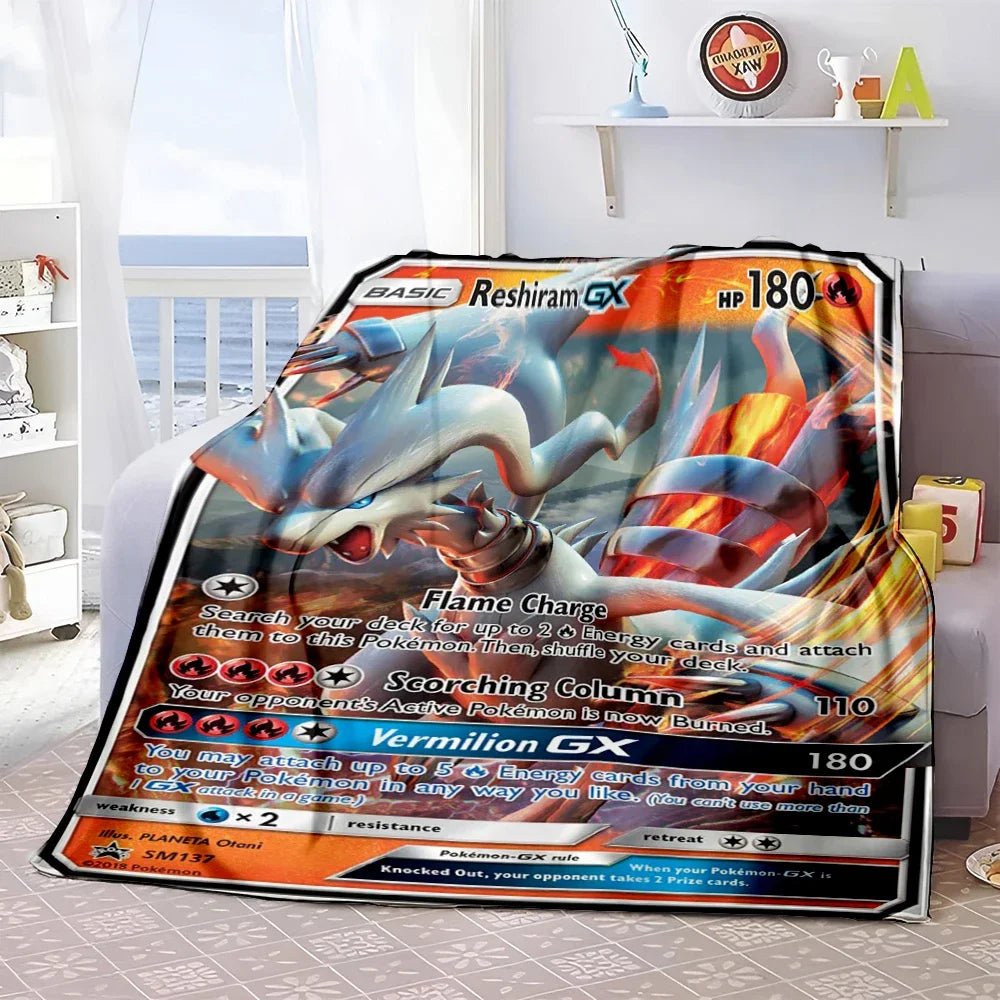 Pokémon Card Design Flannel Blanket – Charizard, Pikachu & More | Soft Warm Throw for Sofa, Bed, Travel & Gifts