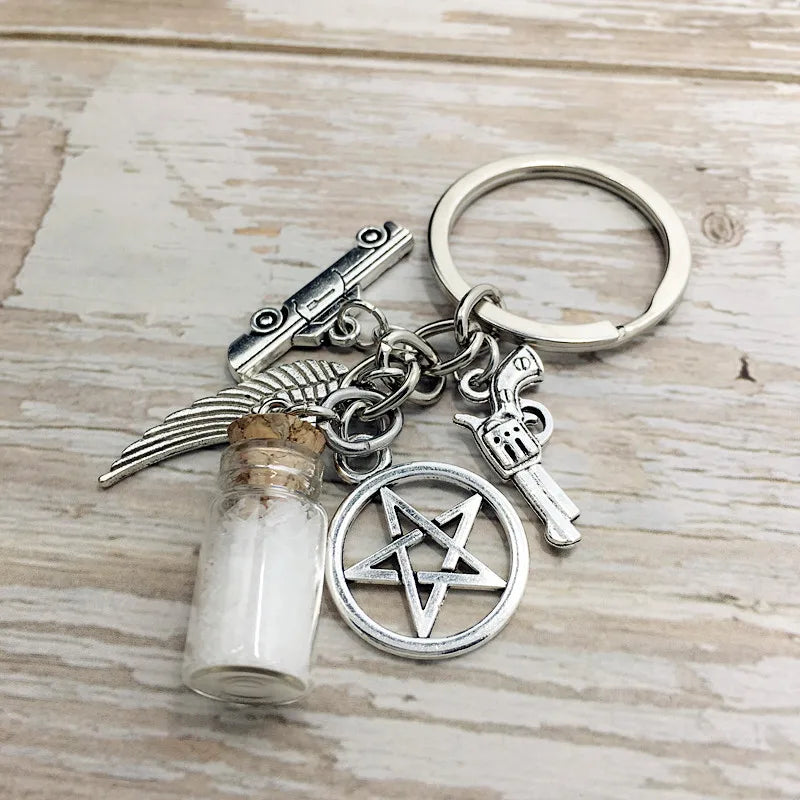 Supernatural Salt Bottle Gun Wings Pentagram Key Chain