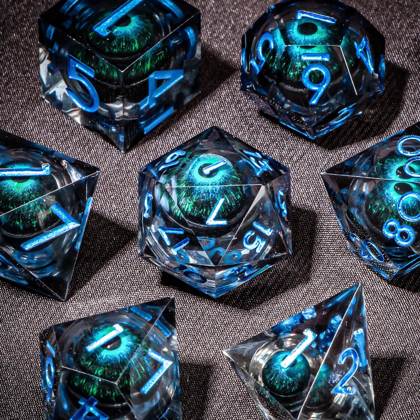 DND Resin Polyhedral Dice Set with Longan Design, Sharp Edge Liquid Core