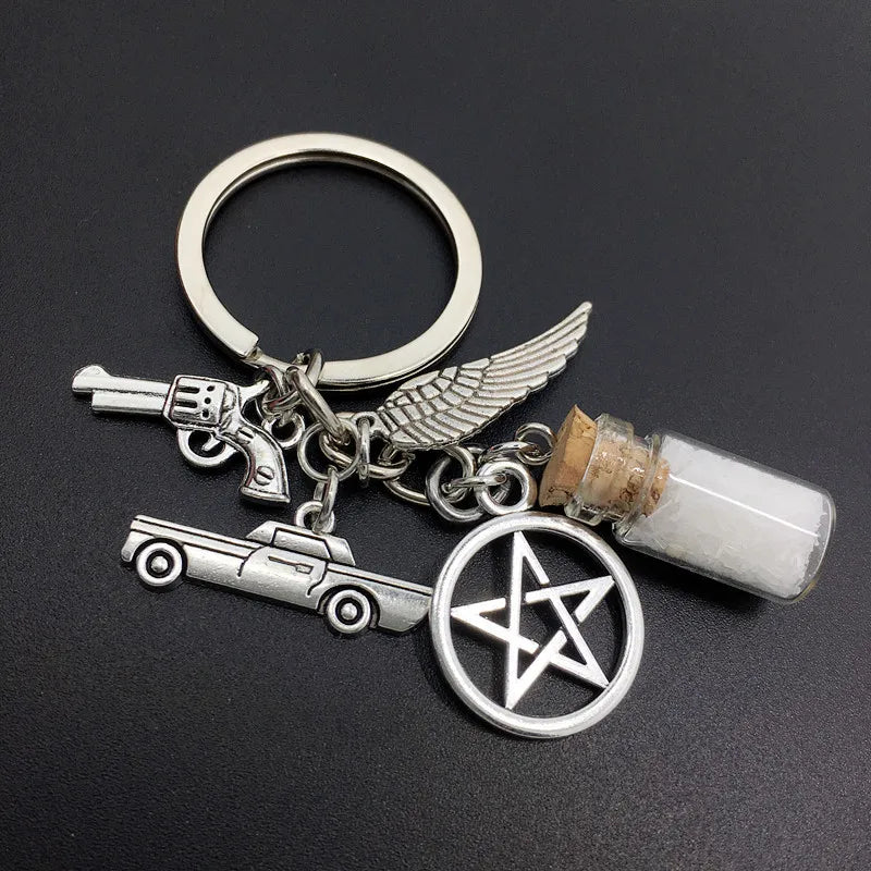 Supernatural Salt Bottle Gun Wings Pentagram Key Chain