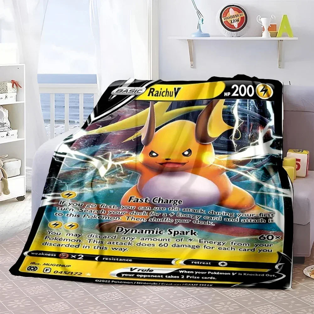Pokémon Card Design Flannel Blanket – Charizard, Pikachu & More | Soft Warm Throw for Sofa, Bed, Travel & Gifts