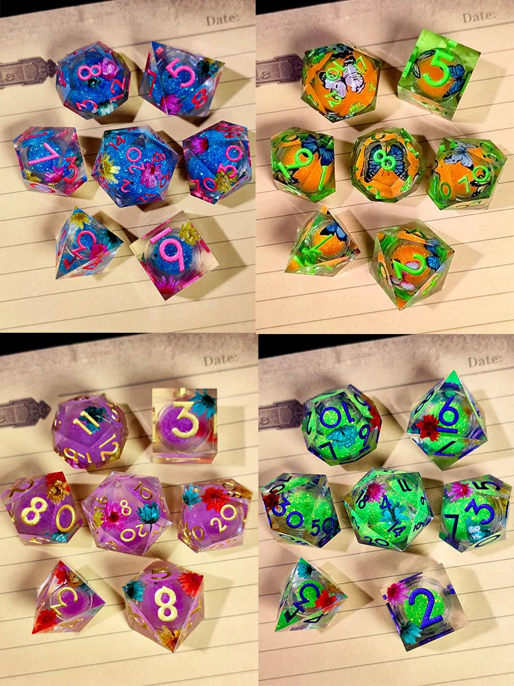 7 Piece Sharp Edge Resin Dice, Orange Sand Butterfly, Transparent with Green Numbers