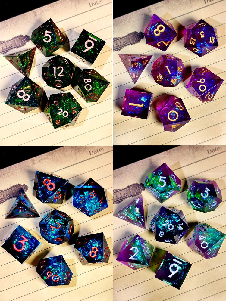 7 Piece Sharp Edge Resin Polyhedral Dice, Light Green with Bronze Numbers