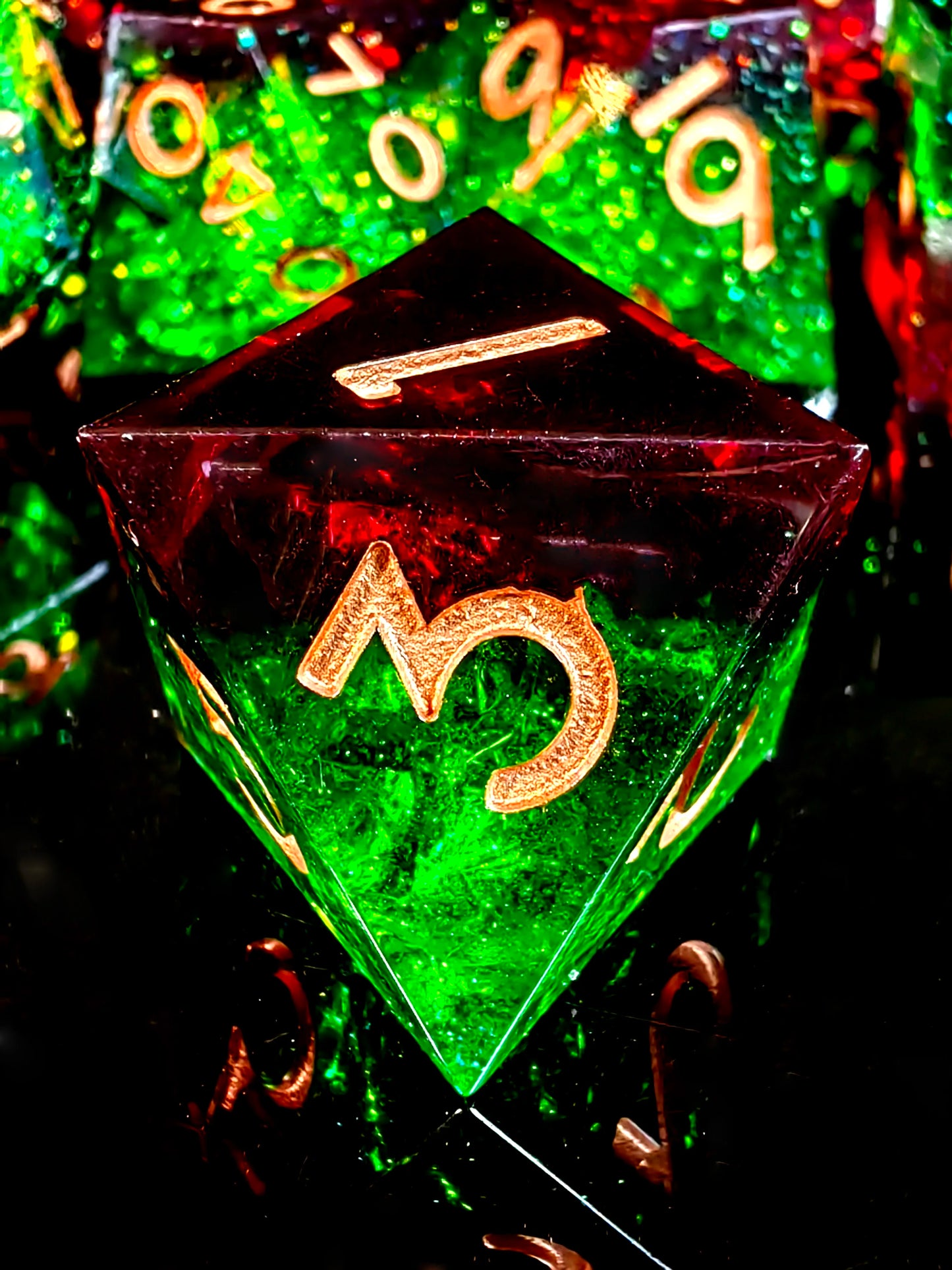 7 Piece Sharp Edge Resin Polyhedral Dice, Light Green with Bronze Numbers