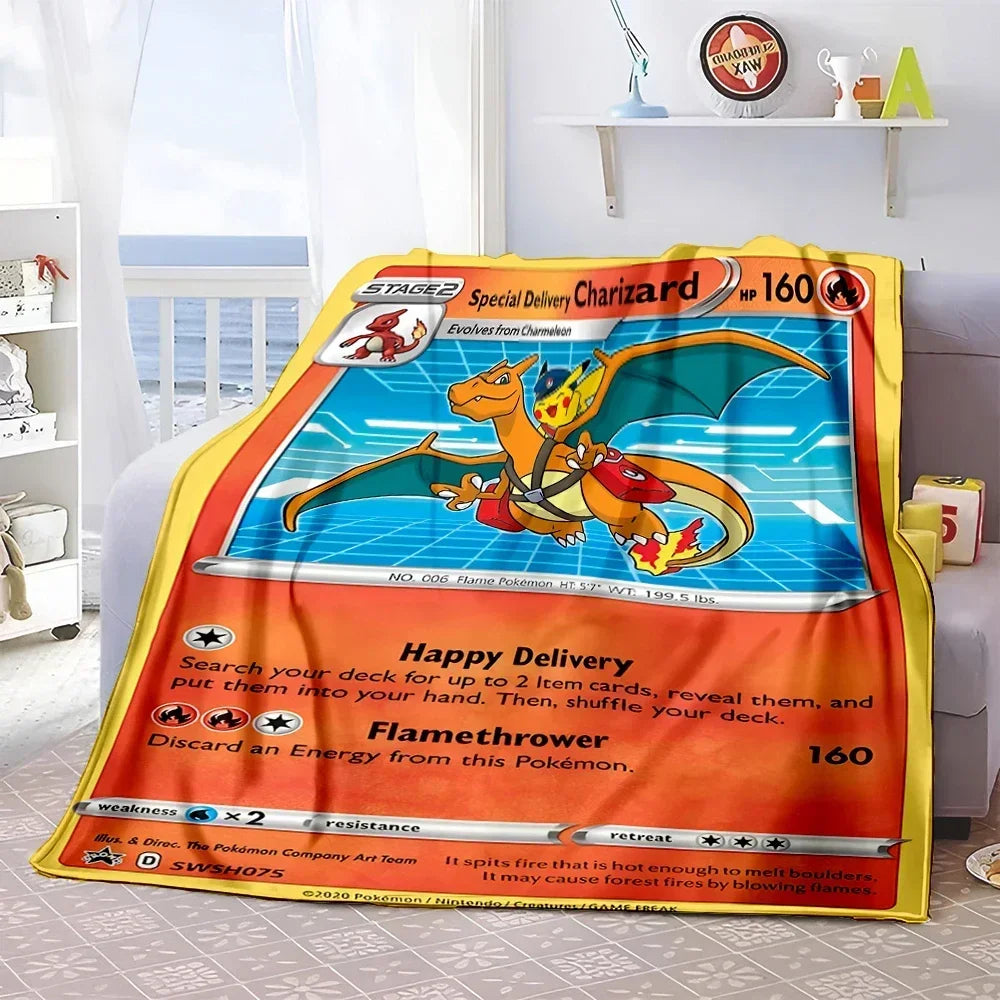 Pokémon Card Design Flannel Blanket – Charizard, Pikachu & More | Soft Warm Throw for Sofa, Bed, Travel & Gifts