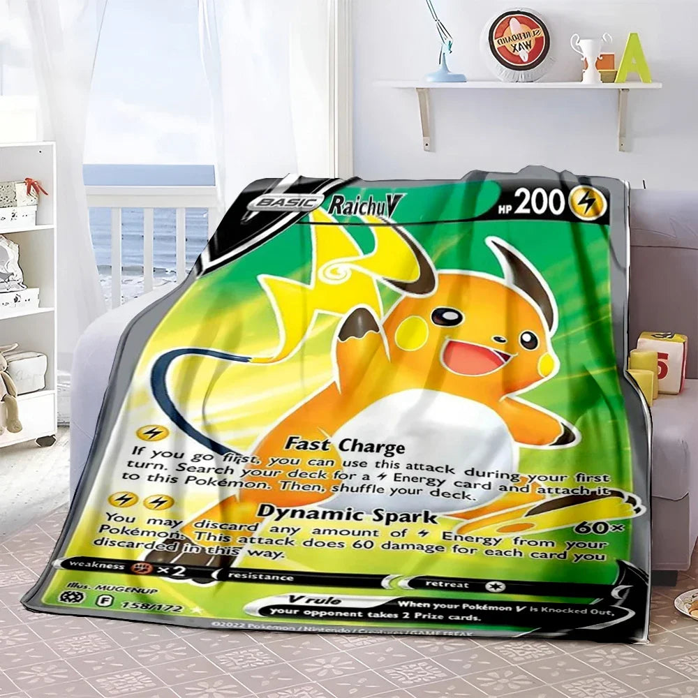 Pokémon Card Design Flannel Blanket – Charizard, Pikachu & More | Soft Warm Throw for Sofa, Bed, Travel & Gifts