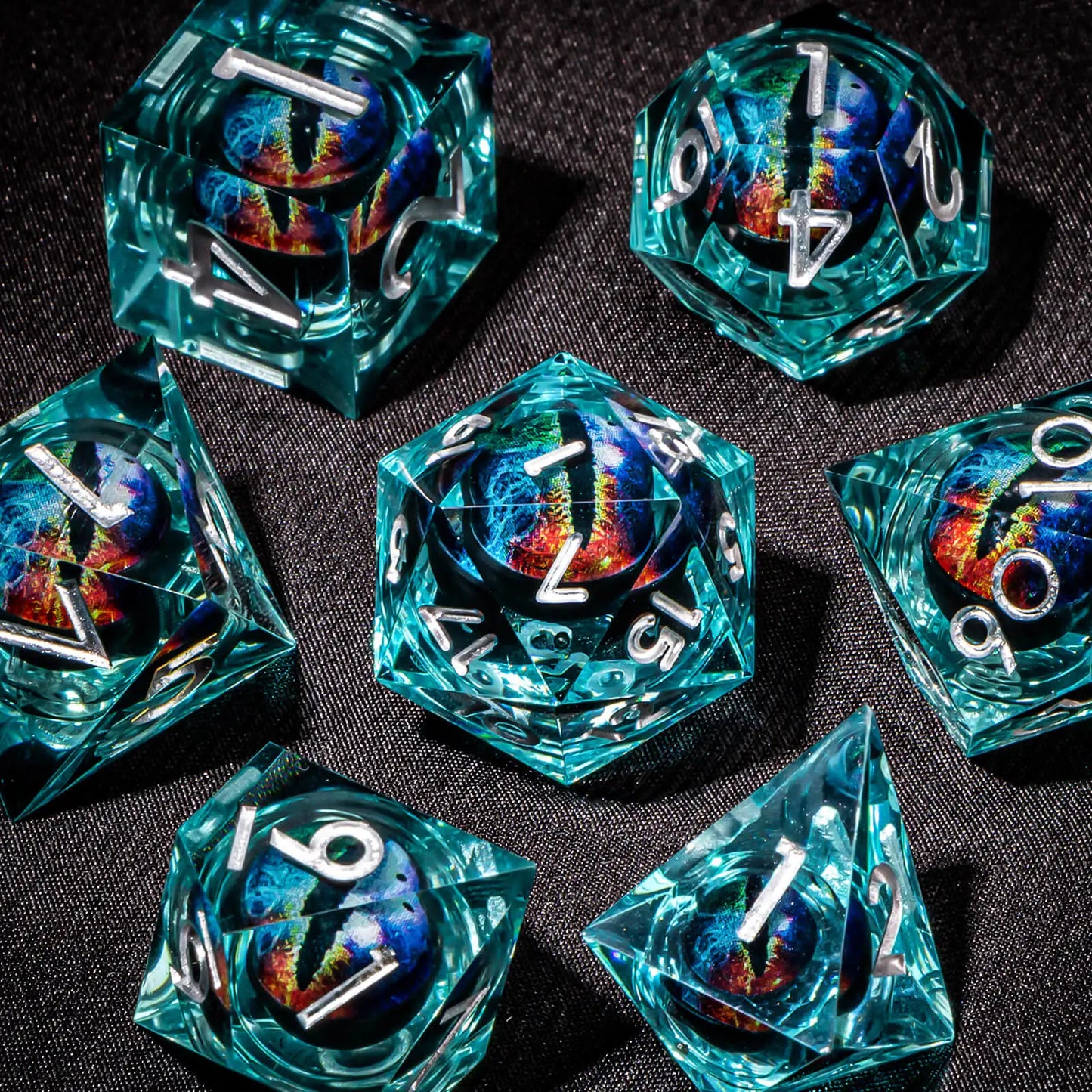 DND Resin Polyhedral Dice Set with Longan Design, Sharp Edge Liquid Core