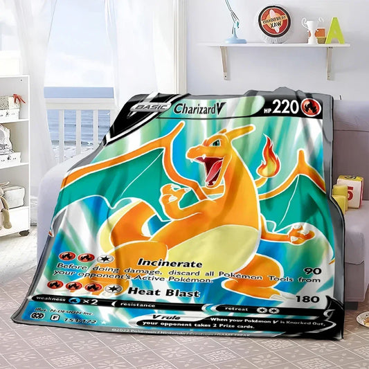 Pokémon Card Design Flannel Blanket – Charizard, Pikachu & More | Soft Warm Throw for Sofa, Bed, Travel & Gifts