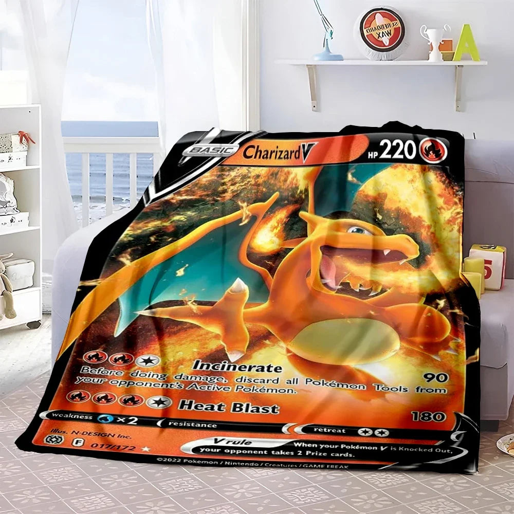 Pokémon Card Design Flannel Blanket – Charizard, Pikachu & More | Soft Warm Throw for Sofa, Bed, Travel & Gifts