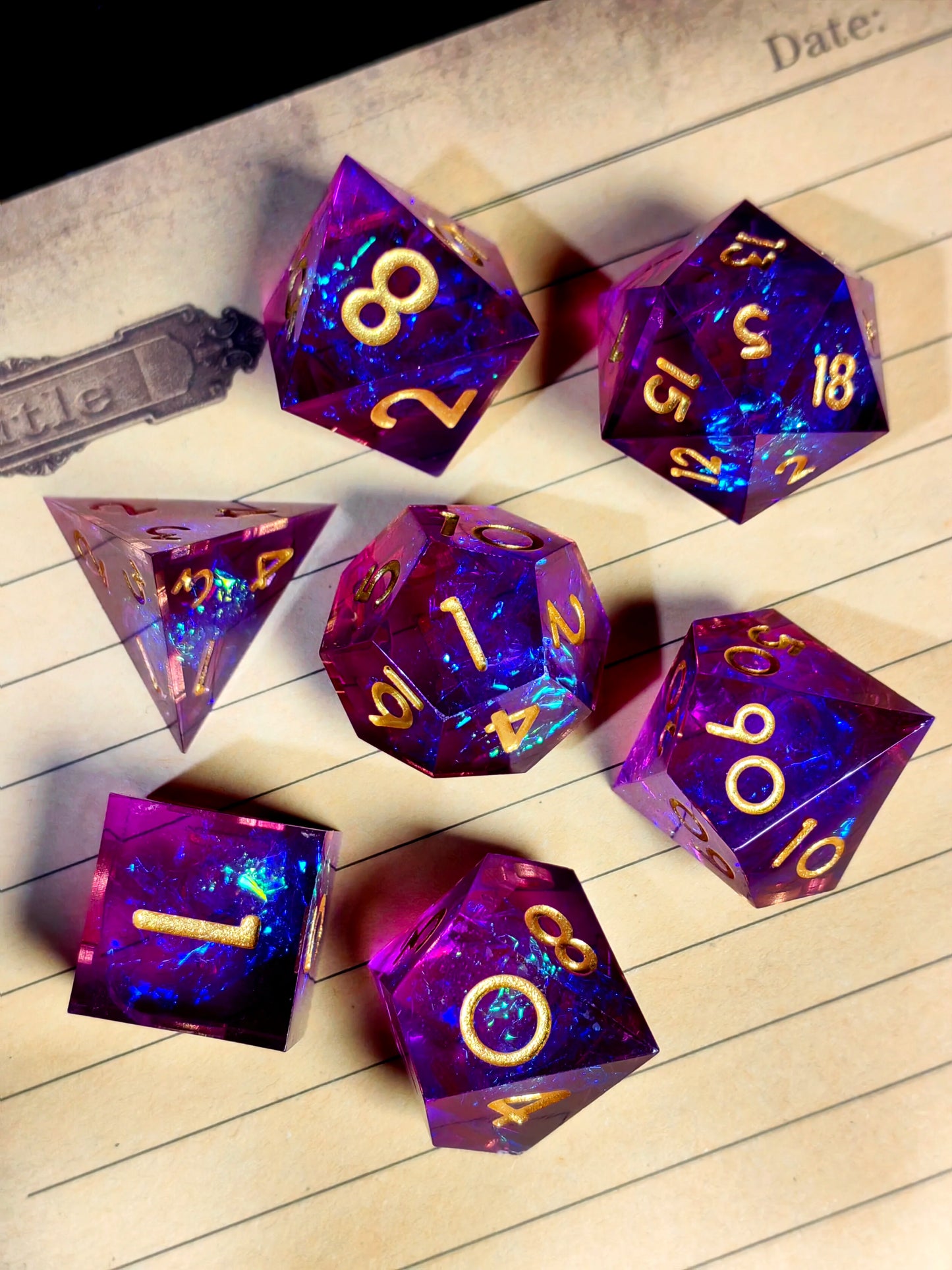 7 Piece Sharp Edge Resin Polyhedral Dice, Light Green with Bronze Numbers