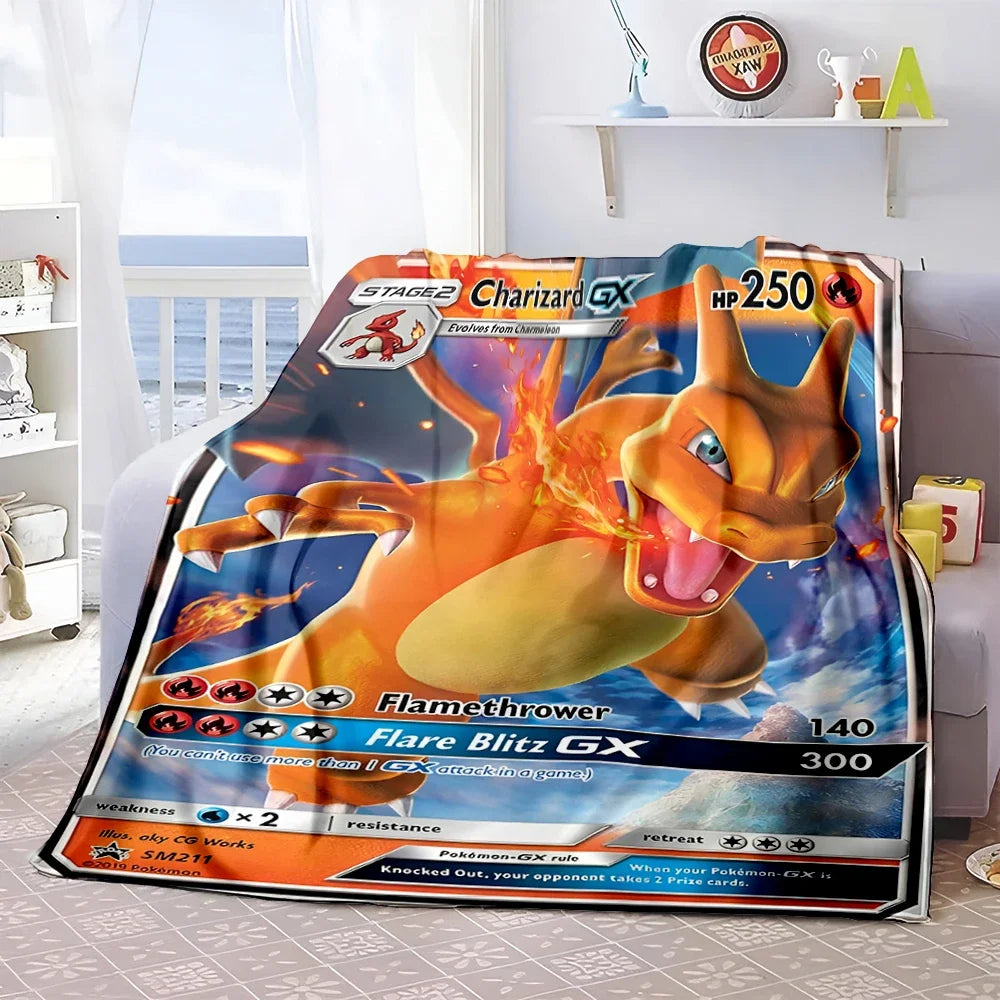 Pokémon Card Design Flannel Blanket – Charizard, Pikachu & More | Soft Warm Throw for Sofa, Bed, Travel & Gifts