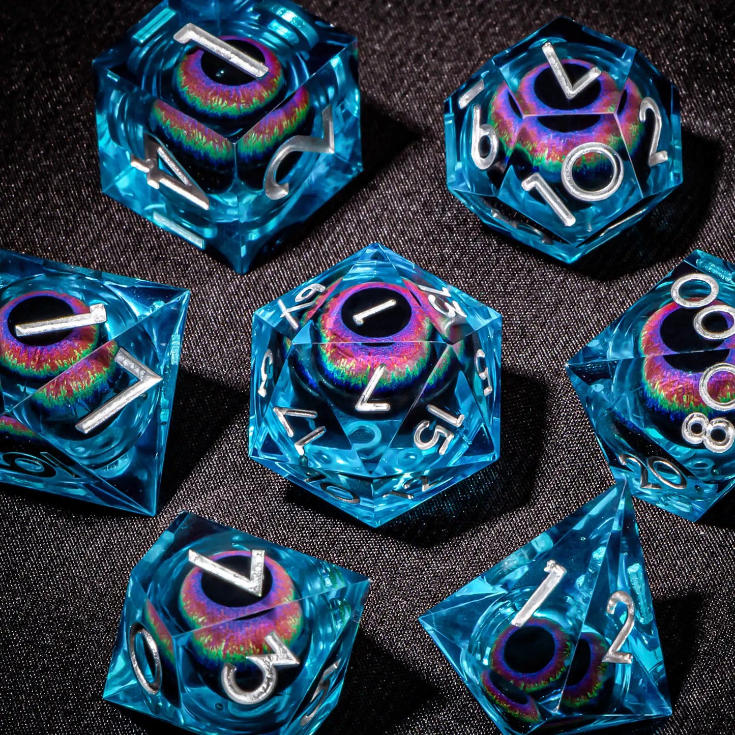 DND Resin Polyhedral Dice Set with Longan Design, Sharp Edge Liquid Core