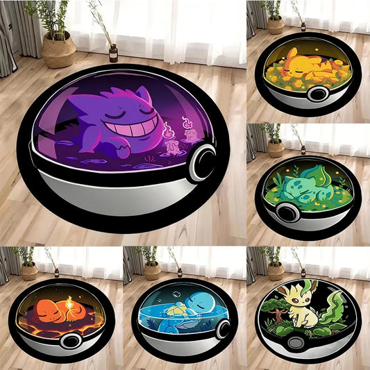 Pokémon Pokéball Print Round Rugs – Pikachu, Gengar, Eevee & Starter Designs | Washable Non-Slip Floor Mats