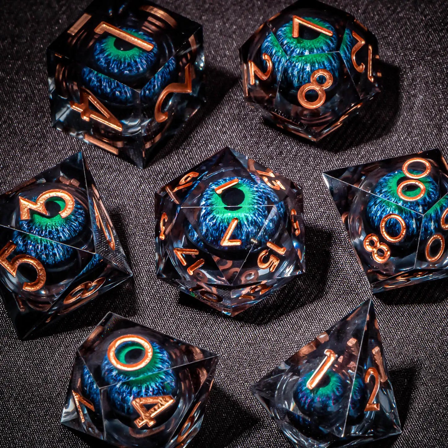 DND Resin Polyhedral Dice Set with Longan Design, Sharp Edge Liquid Core