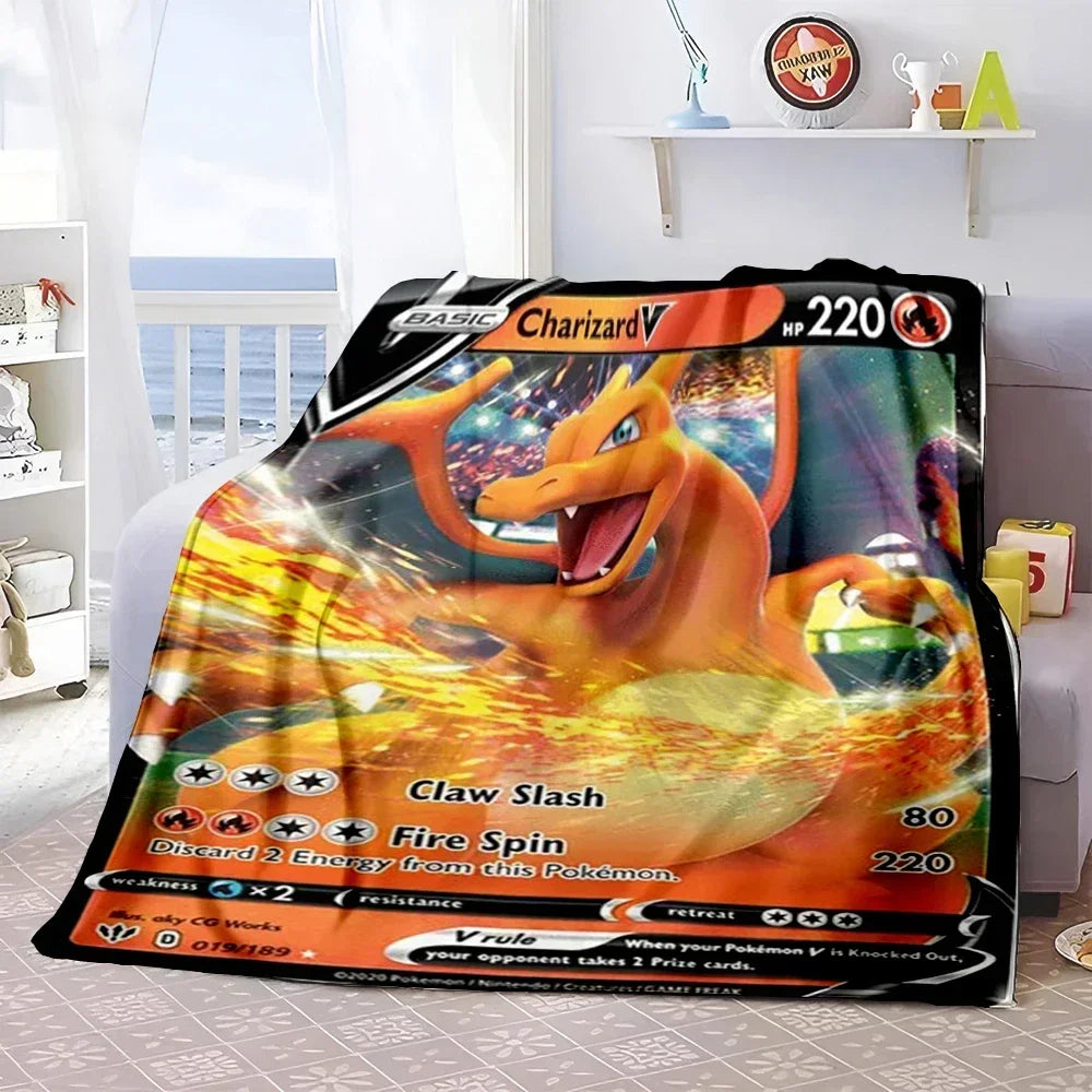 Pokémon Card Design Flannel Blanket – Charizard, Pikachu & More | Soft Warm Throw for Sofa, Bed, Travel & Gifts