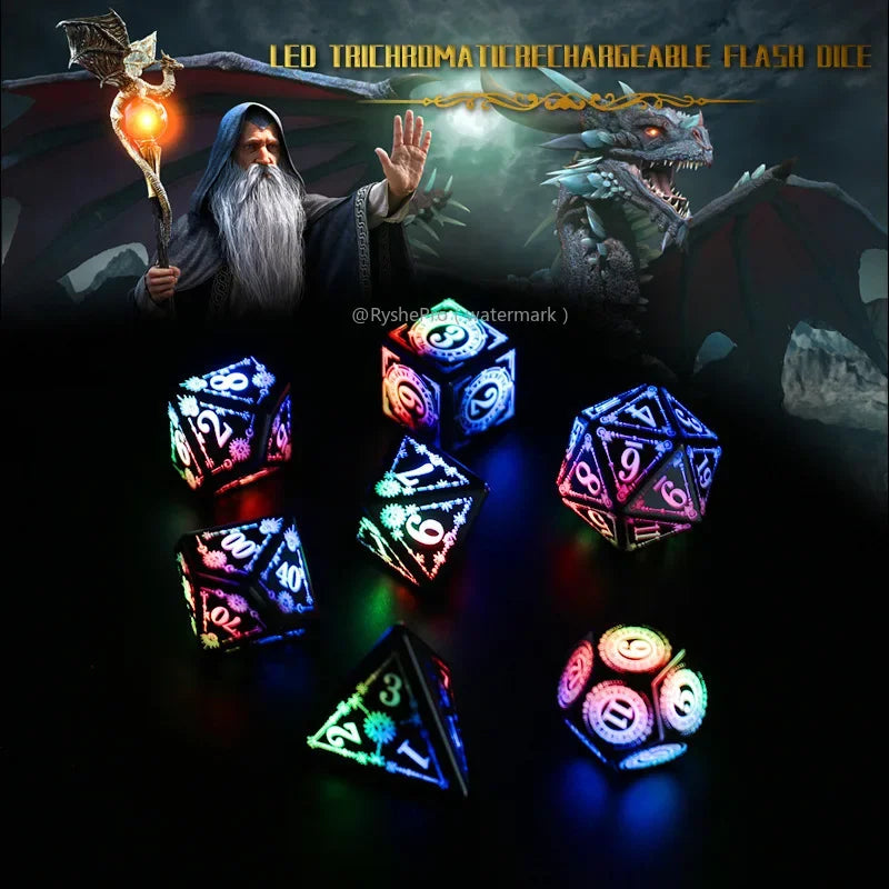 LED Dice Set for Dungeon and with Charging Box Rechargeable 7 Color Polyhedral Role Playing Dice