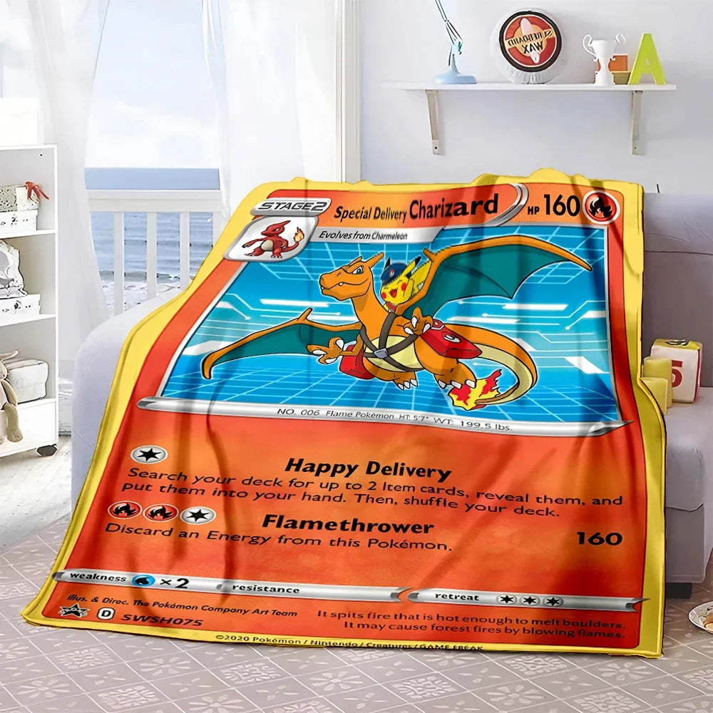 Pokémon Card Design Flannel Blanket – Charizard, Pikachu & More | Soft Warm Throw for Sofa, Bed, Travel & Gifts