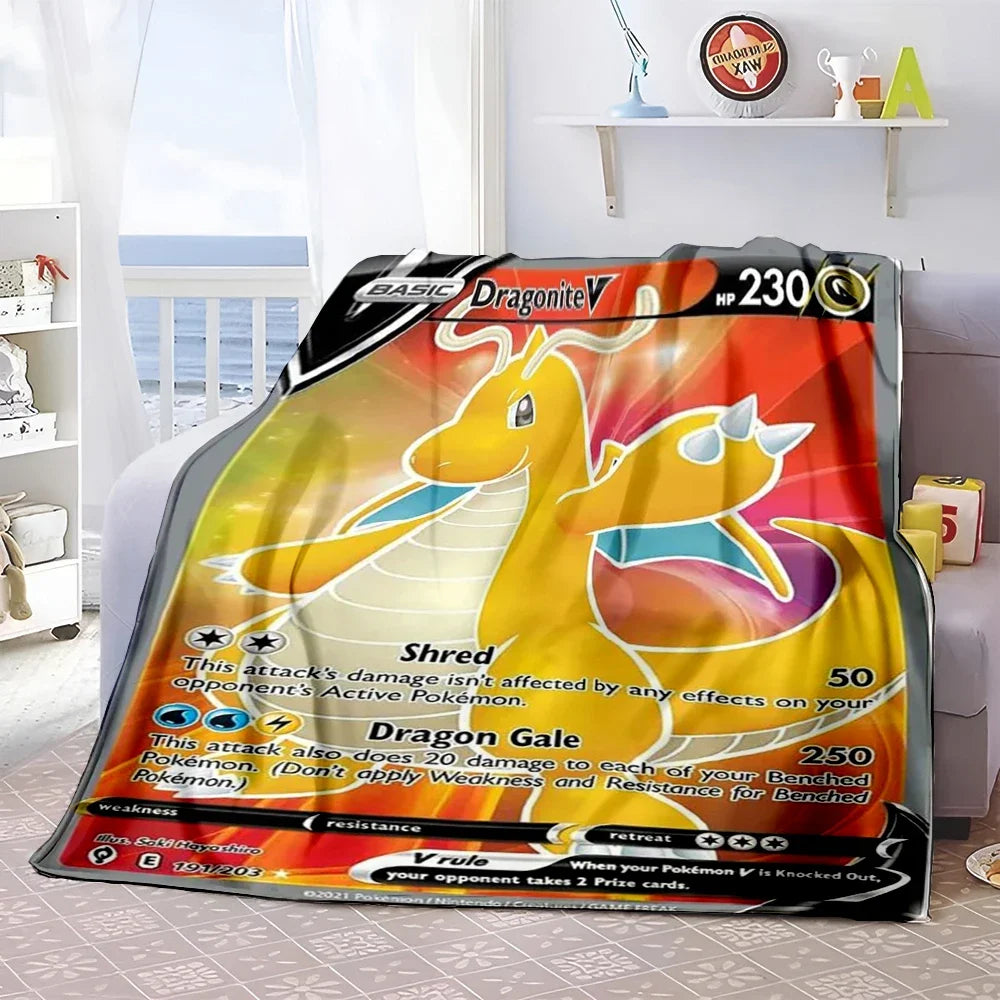 Pokémon Card Design Flannel Blanket – Charizard, Pikachu & More | Soft Warm Throw for Sofa, Bed, Travel & Gifts