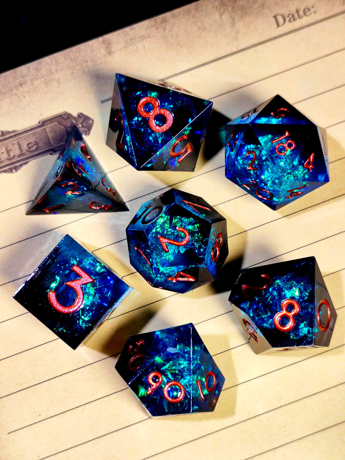 7 Piece Sharp Edge Resin Polyhedral Dice, Light Green with Bronze Numbers