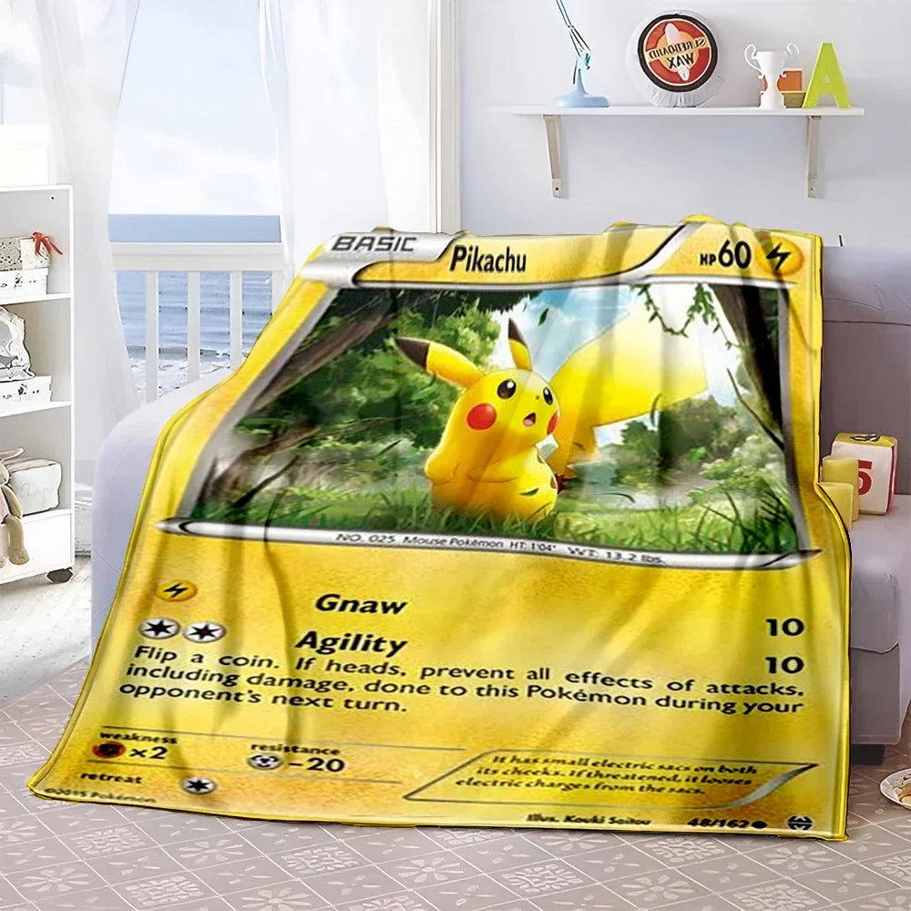 Pokémon Card Design Flannel Blanket – Charizard, Pikachu & More | Soft Warm Throw for Sofa, Bed, Travel & Gifts