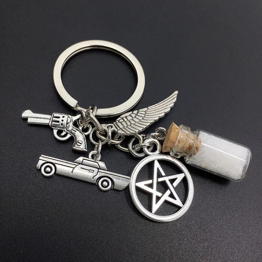 Supernatural Salt Bottle Gun Wings Pentagram Key Chain