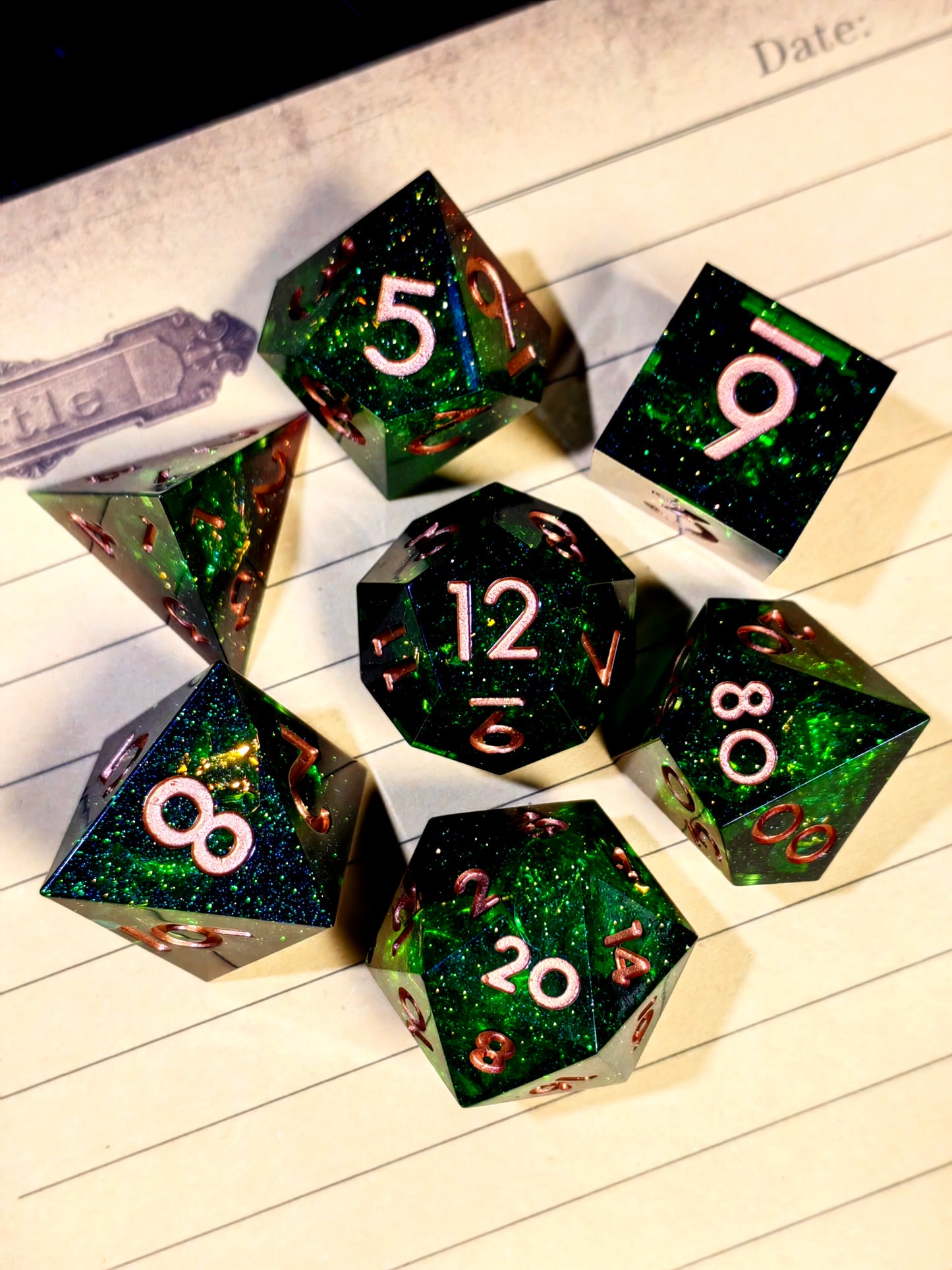 7 Piece Sharp Edge Resin Polyhedral Dice, Light Green with Bronze Numbers