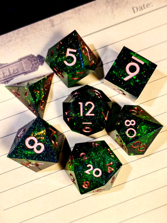 7 Piece Sharp Edge Resin Polyhedral Dice, Light Green with Bronze Numbers