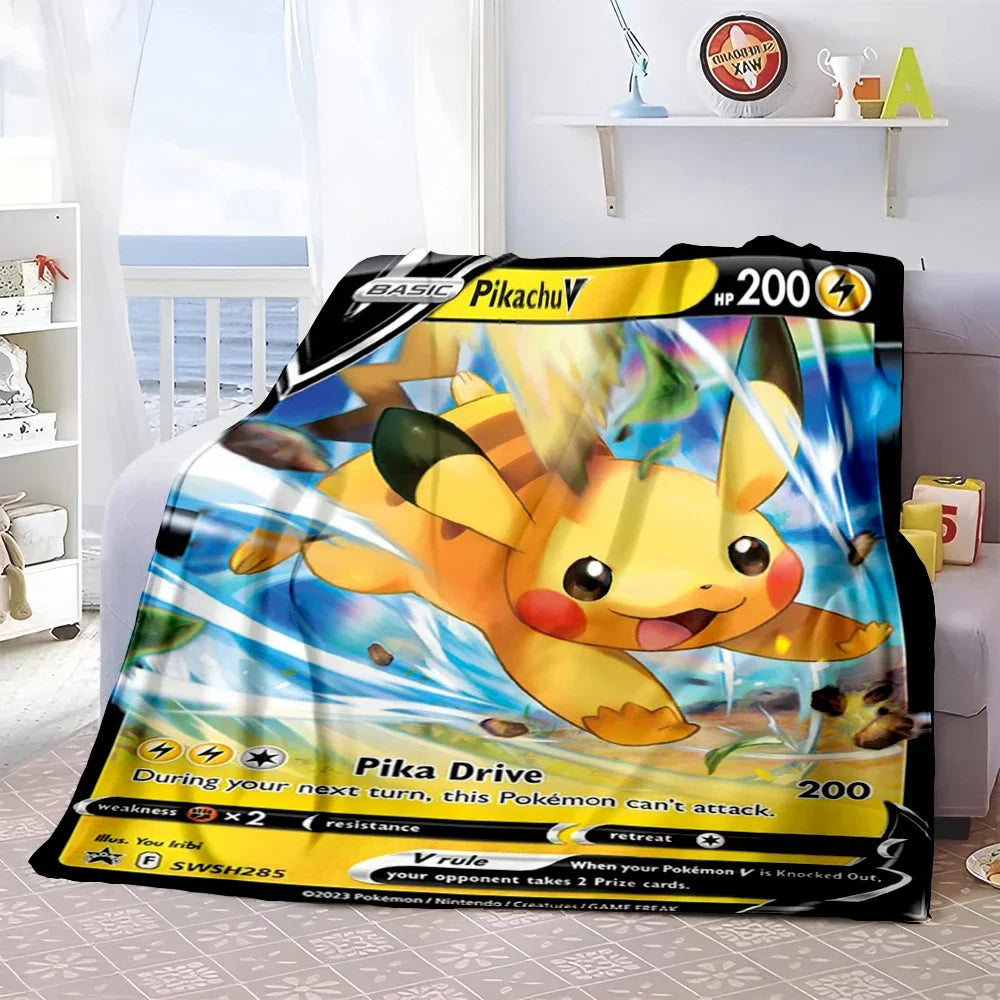 Pokémon Card Design Flannel Blanket – Charizard, Pikachu & More | Soft Warm Throw for Sofa, Bed, Travel & Gifts