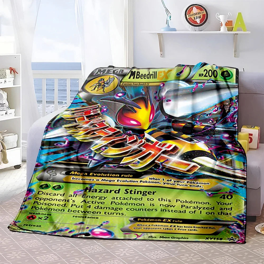 Pokémon Card Design Flannel Blanket – Charizard, Pikachu & More | Soft Warm Throw for Sofa, Bed, Travel & Gifts