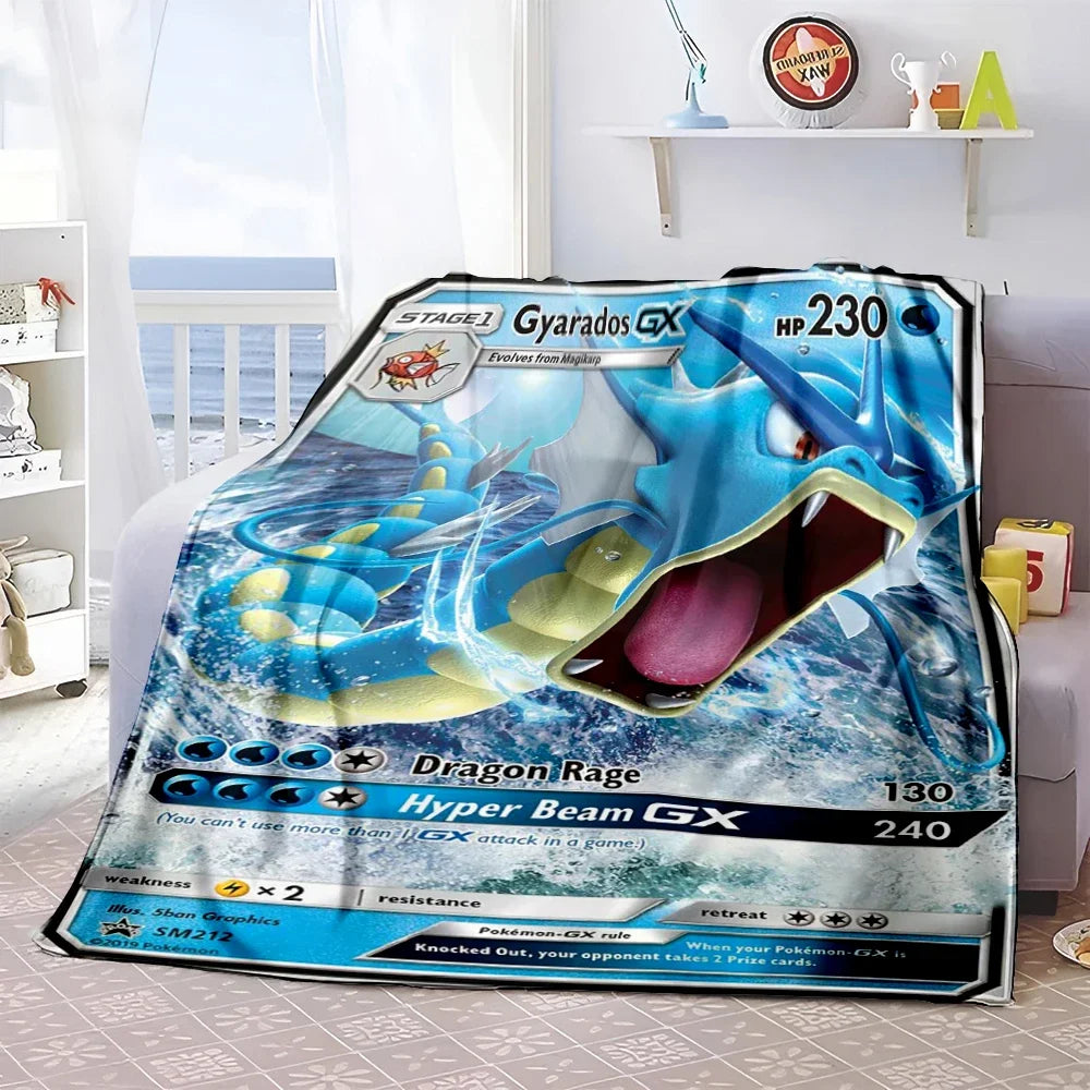 Pokémon Card Design Flannel Blanket – Charizard, Pikachu & More | Soft Warm Throw for Sofa, Bed, Travel & Gifts