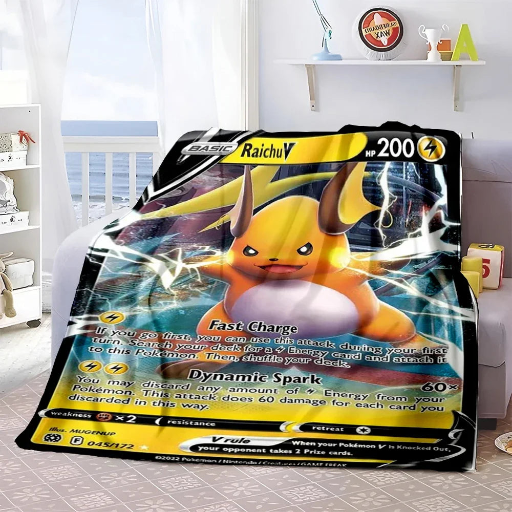 Pokémon Card Design Flannel Blanket – Charizard, Pikachu & More | Soft Warm Throw for Sofa, Bed, Travel & Gifts