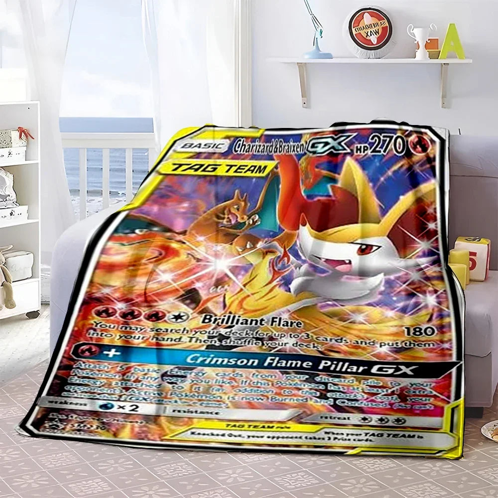 Pokémon Card Design Flannel Blanket – Charizard, Pikachu & More | Soft Warm Throw for Sofa, Bed, Travel & Gifts