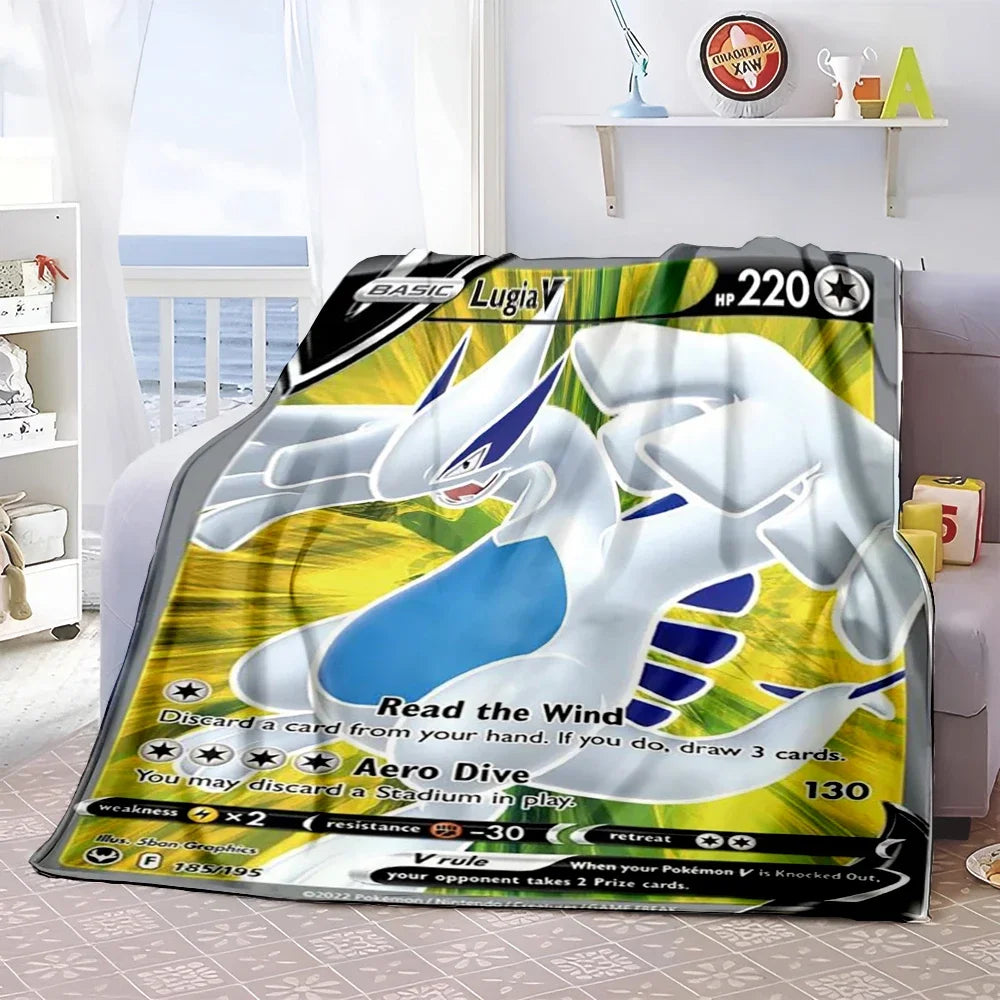 Pokémon Card Design Flannel Blanket – Charizard, Pikachu & More | Soft Warm Throw for Sofa, Bed, Travel & Gifts