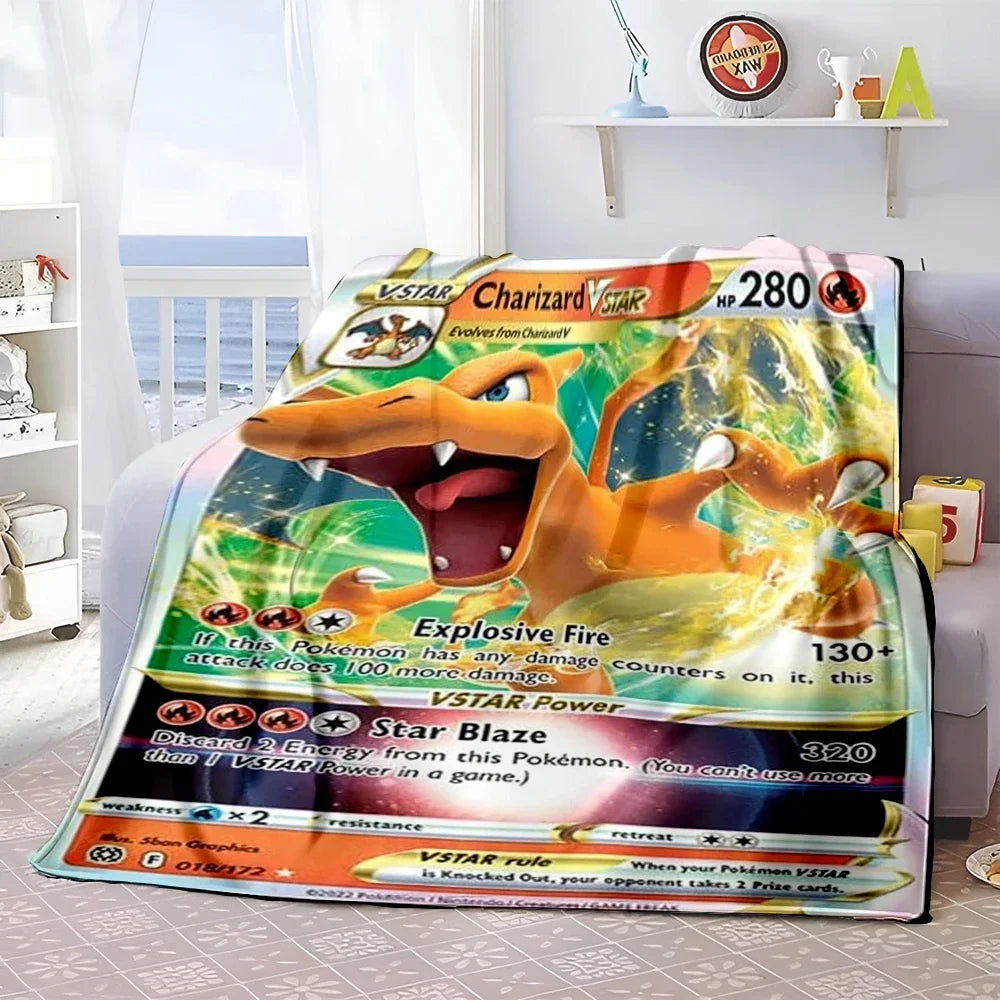 Pokémon Card Design Flannel Blanket – Charizard, Pikachu & More | Soft Warm Throw for Sofa, Bed, Travel & Gifts