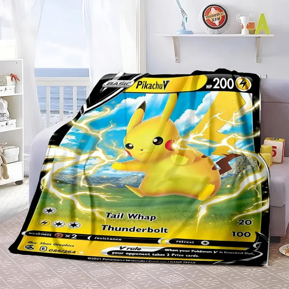 Pokémon Card Design Flannel Blanket – Charizard, Pikachu & More | Soft Warm Throw for Sofa, Bed, Travel & Gifts