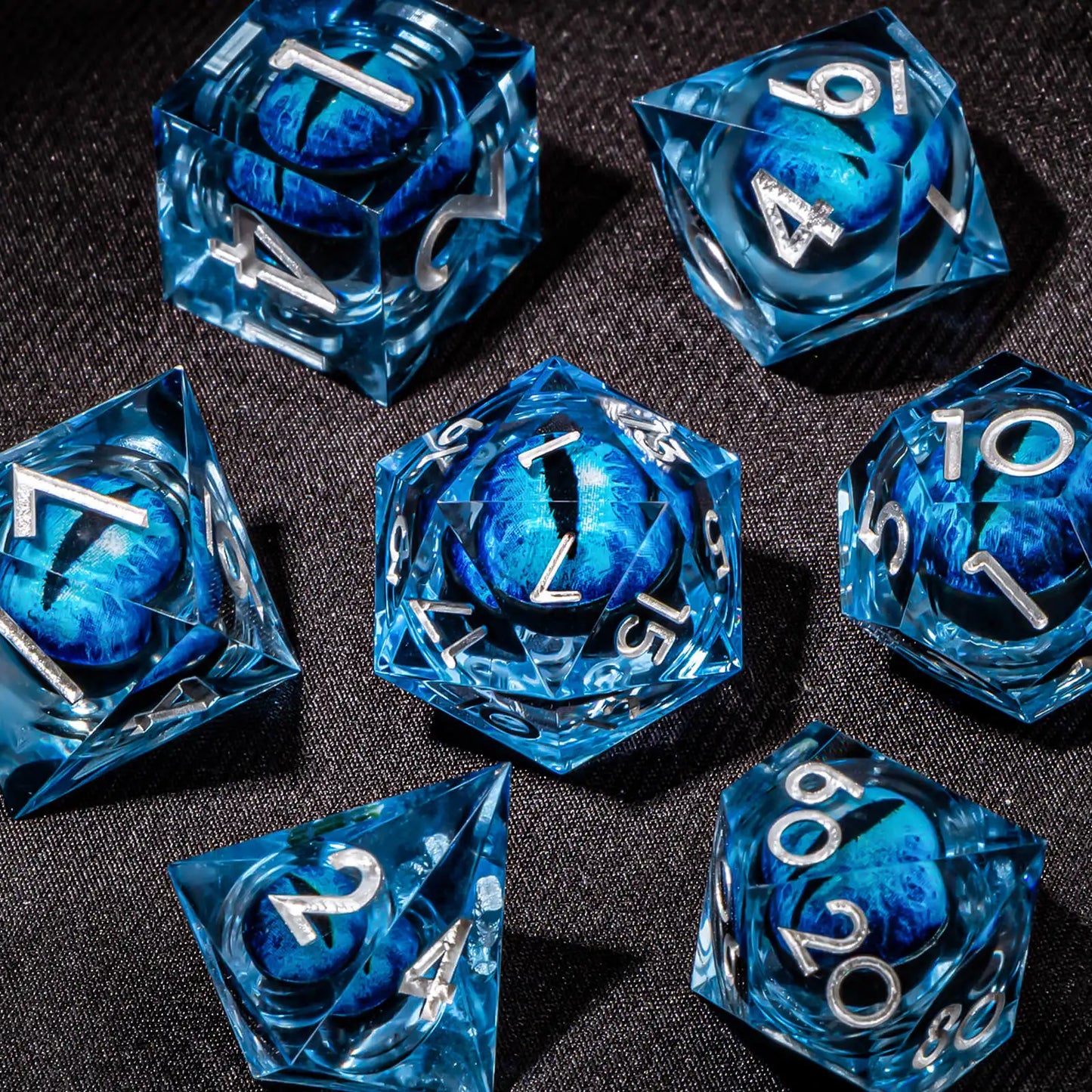 DND Resin Polyhedral Dice Set with Longan Design, Sharp Edge Liquid Core