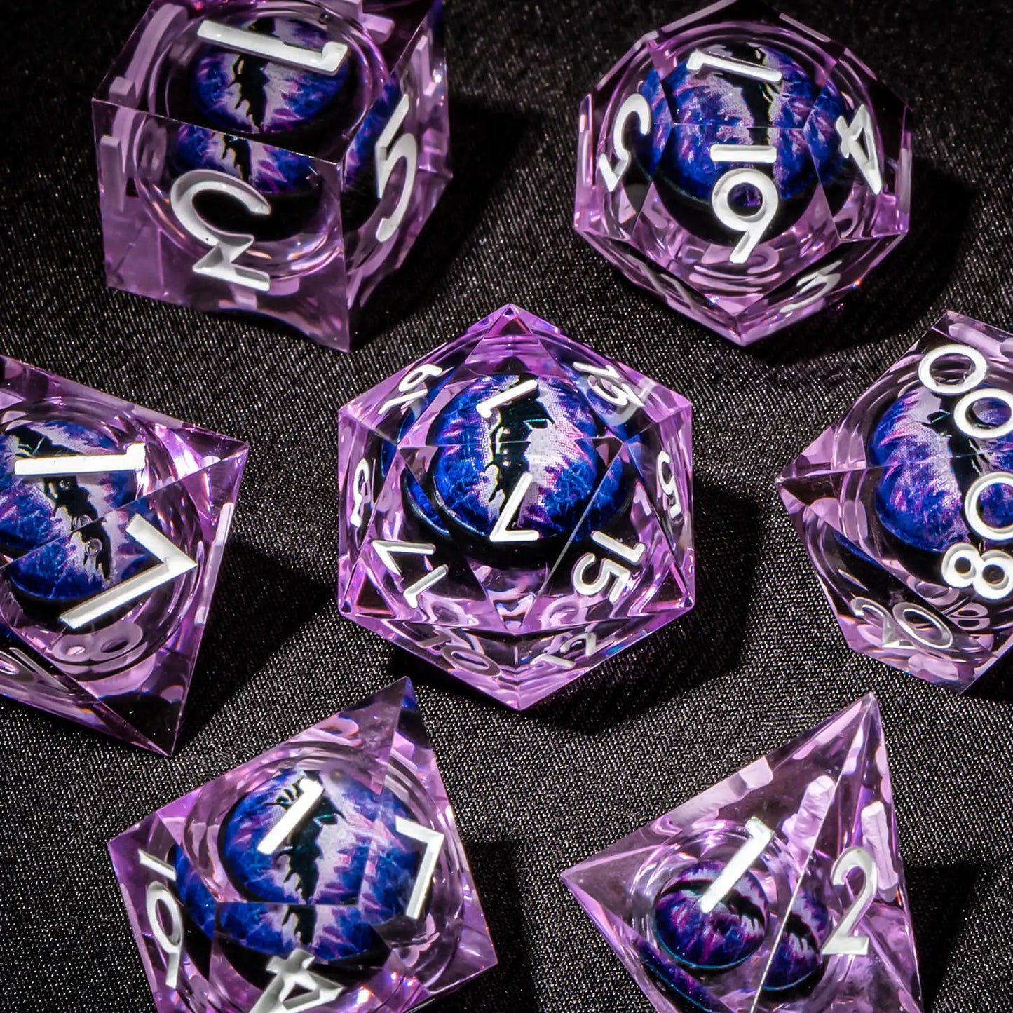 DND Resin Polyhedral Dice Set with Longan Design, Sharp Edge Liquid Core