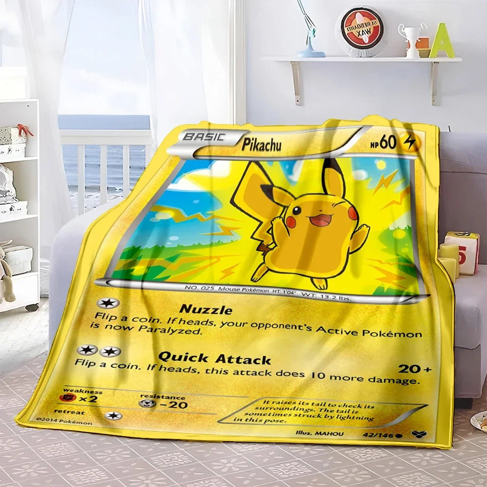 Pokémon Card Design Flannel Blanket – Charizard, Pikachu & More | Soft Warm Throw for Sofa, Bed, Travel & Gifts