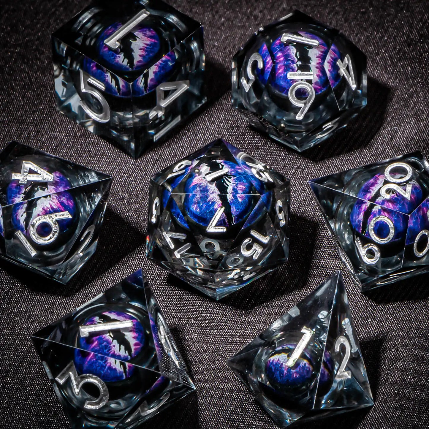DND Resin Polyhedral Dice Set with Longan Design, Sharp Edge Liquid Core